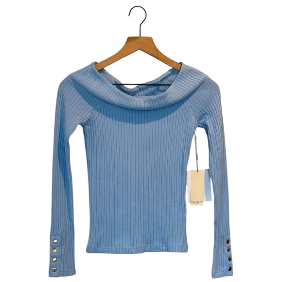 NWT Nation Los Angeles Val Off Shoulder Ribbed Long Sleeve Top, Blue, Size XS - Picture 6 of 16